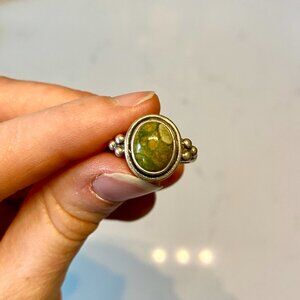 Vintage Green Unakite Jasper Sterling Silver Ring, Size 7